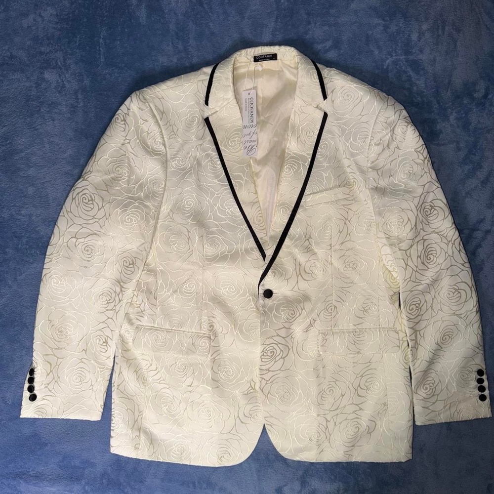 COOFANDY cream rose pattern blazer with black trim